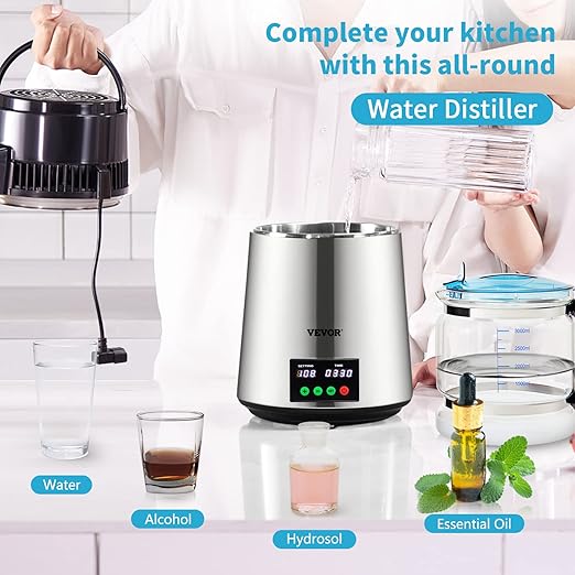 VEVOR 1.1 Gal Water Distiller, 0.3 Gal/H, Distilled Water Maker Machine, 750W, 304 Stainless Steel Countertop Distiller, Glass Carafe, Cleaning Powder, Carbon Packs, Silver