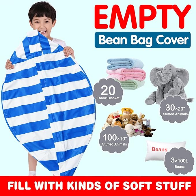 Lukeight Stuffed Animal Storage Bean Bag Chair Cover for Kids, Zipper Beanbag Chair Cover for Organizing Toddler and Kids' Rooms Plush Toys (Blue+White Velvet, XX-Large)