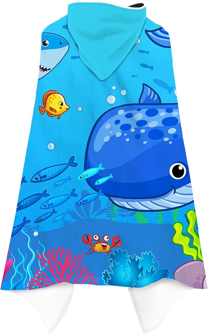 Blue Sea World Hooded Beach Towel for Kids, Cute Bath Towel with Hood, Boy Microfiber Super Absorbent Soft Poncho Bathrobe for Swin Pool 30”x50”