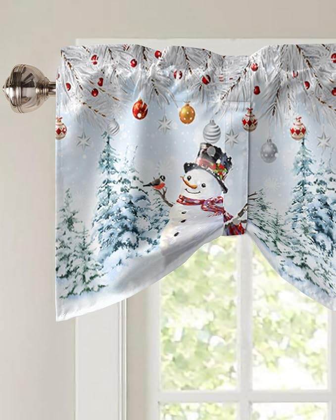 Snowman Blackout Tie Up Valance Curtains for Kitchen Windows Blue Merry Christmas Tree Red Balls Squirrel Window Toppers Balloon Shades for Living Room/Bathroom/Bedroom,1 Panel, 60" X 18", Winter