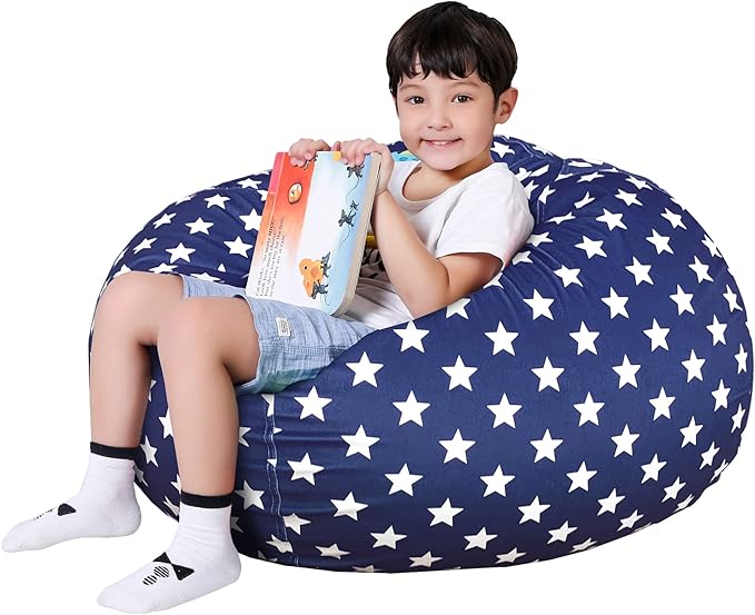 Lukeight Stuffed Animal Storage Bean Bag Chair Cover for Kids, Zipper Beanbag Chair Cover for Organizing Toddler and Kids' Rooms Plush Toys (Stars Navy Velvet, X-Large)