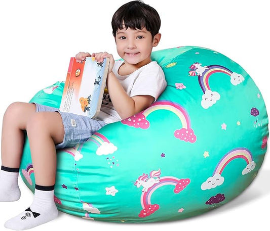 Lukeight Unicorns Stuffed Animal Storage Bean Bag Chair Cover for Kids, Unicorns Zipper Beanbag Chair Cover for Organizing Toddler and Kids' Rooms Plush Toys (Rainbow Green, X-Large)