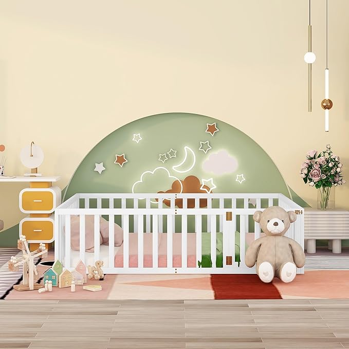 Queen Size Floor Bed with Fence, Solid Wood Floor Bed Frame for Kids with Door, Twin Platform Bed for Boys and Girls Kids Teens, Fun Design, for Children Bedroom