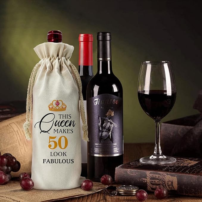 ZHANTUONE,50th Birthday Gift Funny Birthday Wine Bag,Drawstring Polyester Cotton Cloth Wine Bag,Gifts for 50th Women Birthday Wine Bag,Wine Bag Gifts for Mom Grandparents,13IN