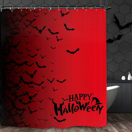 Halloween Bat Shower Curtain 60Wx72L Inch Black Red Horror Scary Spooky Ombre Holiday Bathroom Set Accessories Decor with 12 Pack Hooks