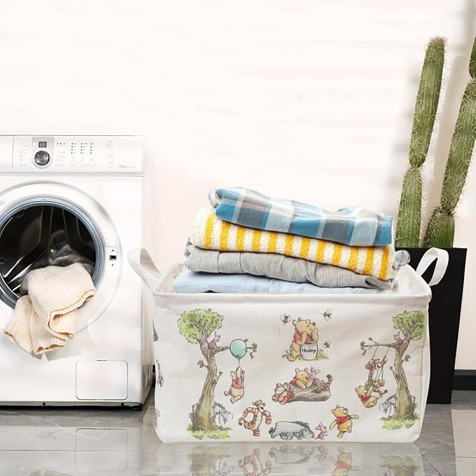 Winnie Storage Nursery Basket, Large Square Canvas Laundry Hamper With A Waterproof PE Coating, Foldable, Bathroom and Bedroom Set, Clothes ,Toys Bin, Baby Nursery Hamper Decor(White)