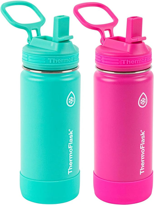 ThermoFlask 16 oz Double Wall Vacuum Insulated Stainless Steel 2-Pack of Water Bottles, Aquamarine/Storm Pink