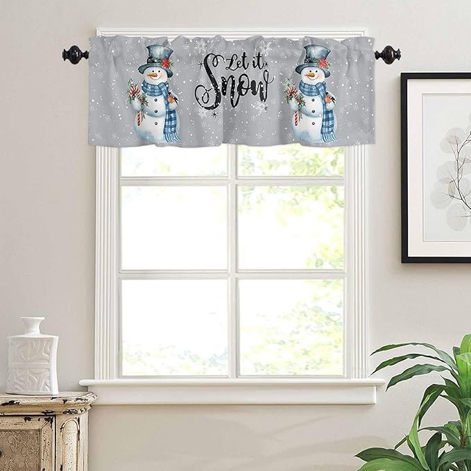 Snowman Christmas Valance Curtains for Kitchen Windows Let It Snow Winter Holiday Rod Pocket Window Treatment Toppers for Kitchen/Living Room/Bedroom/Bathroom, 42" X 18", Grey White