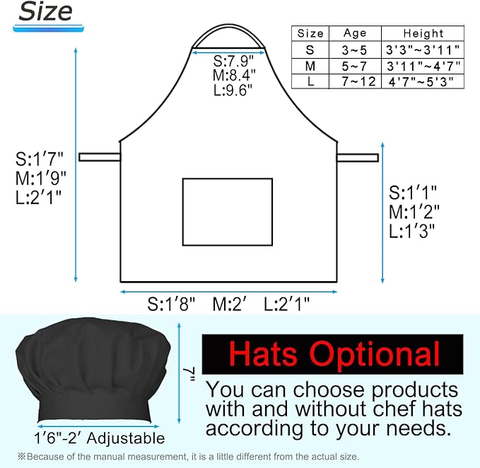 Kids Apron Chef Hat Set for Boys and Girls Adjustable Neck Strap Hook and Loop Fastener Design Waistband for Baking