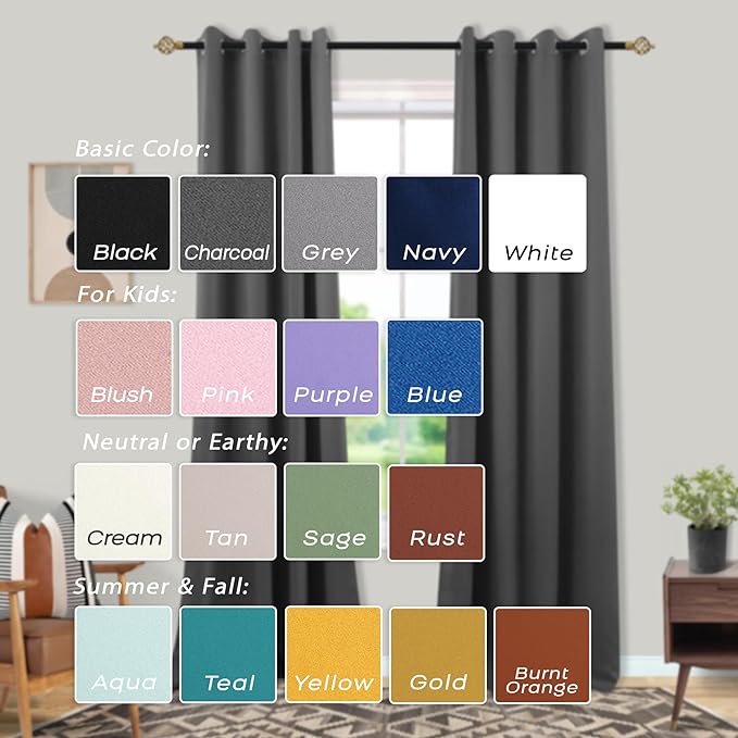 Mrs.Naturall 72 Inch Blackout Curtains,Room Darkening Black Out Curtains 72 Inch Long,Dark Grey