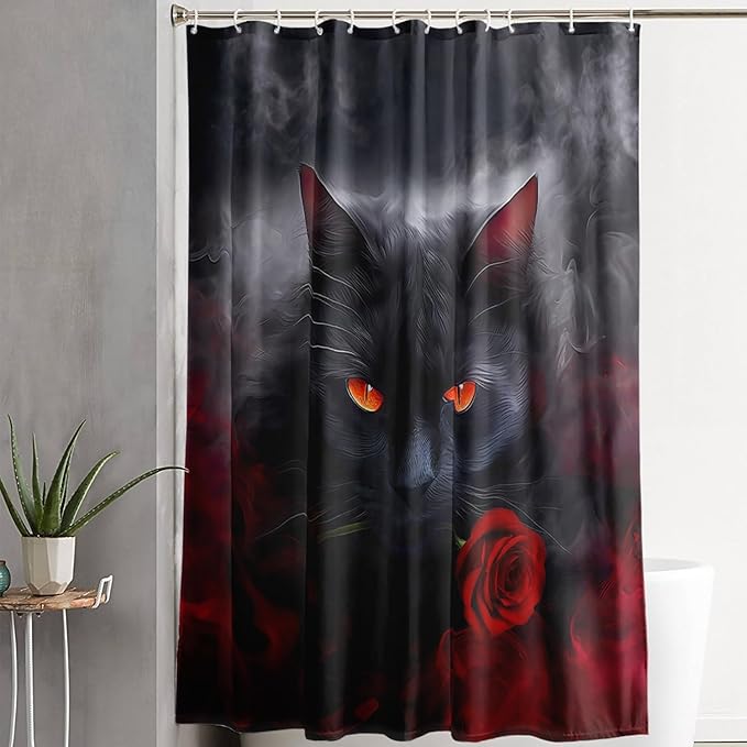 AILONEN 3D Black Cat Shower Curtain,Cat with Red Rose Polyester Cloth Bath Curtain Set for Kids Boys,Fog with Flowers Waterproof Shower Curtain for Bathroom, 72" W*96" H Black