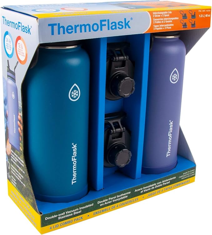 ThermoFlask 40 oz Double Wall Vacuum Insulated Stainless Steel 2-Pack of Water Bottles, Superior Blue/Mauve