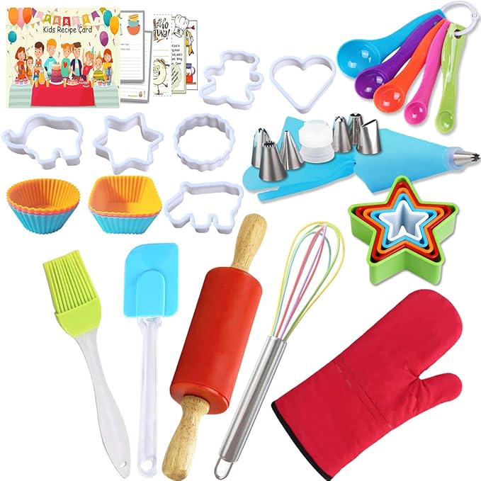 Kids Cooking and Baking Set Real Baking Gift includes Kids Apron,Chef Hat,Oven Mitt&Utensil,Recipes for The Curious Young Junior Chef