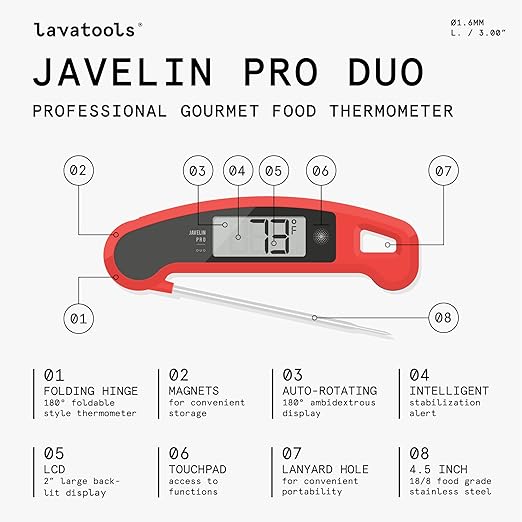 PX1D Javelin PRO Duo Ultra Fast Professional Digital Instant Read Meat Thermometer for Grill and Cooking, 4.5" Probe, Auto-Rotating Backlit Display, Splash Resistant – Olive