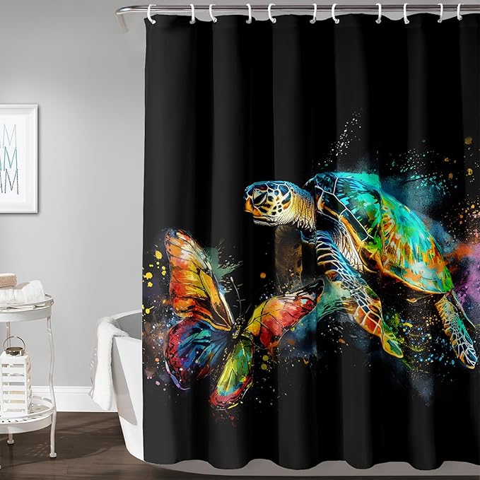 AILONEN Sea Turtle Shower Curtain, Tie Dye Turtle and Butterfly Bathroom Curtain,Minimalist Black Bath Curtain 72" W*78" H Polyester Waterproof Bathroom Curtain with 12 Hooks