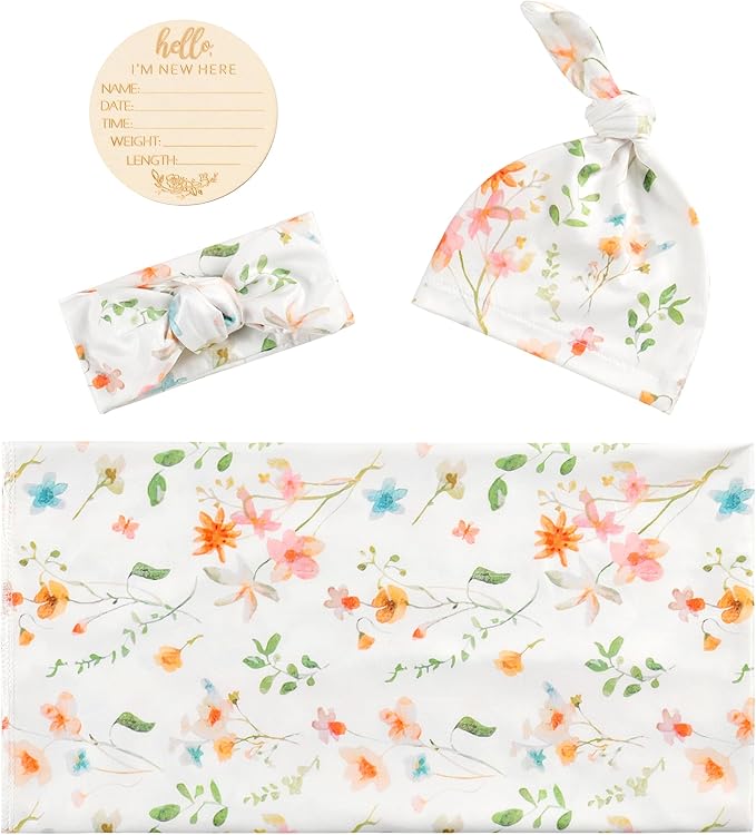 Baby Receiving Blanket Swaddle Blanket Infant Wrap with Matching Headband Beanie and Name Card (Green Leaf Flower)