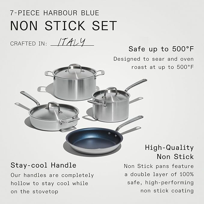 Made In Cookware - 7 Piece Non Stick Pot and Pan Set (Harbour Blue) - 5 Ply Stainless Clad - Includes Stock Pot, Saute Pan, Sauce Pan, and Frying Pan - Professional Cookware - Crafted in Italy