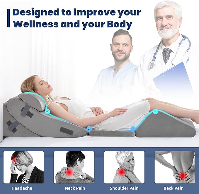 BDEUS 5pcs Orthopedic Bed Wedge Pillow Set, Memory Foam Wedge Pillow for Sleeping, Knee, Lumbar and Back Support Adjustable Bed Pillow, Deep Grey