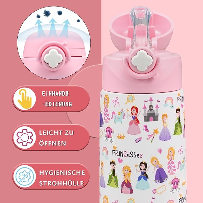 Kids Insulated Water Bottle with Covered Pop-Up Straw,16oz Kids Cups with Stainless Steel Leak Proof for School Boys Girls(2-Princess)