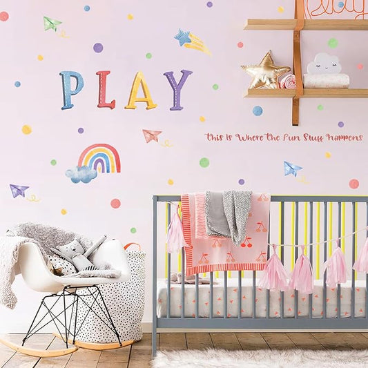 LHIUEM Polka Dot Wall Decals Rainbow Wall Sticker 82 PCS Cute Toddler Girl Decoration Cloud Star Watercolor Wallpaper Boho Kids Wall Posters Play Quotes Decal for Kids Boys Gifts in Nursery Playroom
