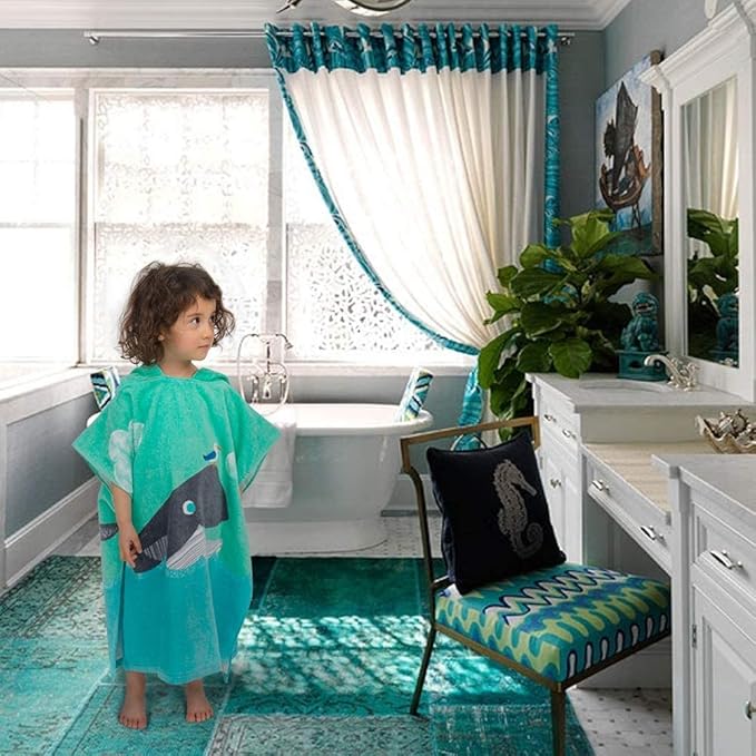 Toddler Hooded Beach Towel Coverup Cape Kids 100% Cotton Soft Quick Dry Absorbent Use for Swim Pool Bath Poncho Towels for 3 to 8 Years Old Children Size 24"x 55" in Full-Length (Whale Pattern)