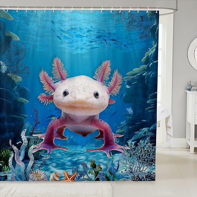 Feelyou Salamander Bathroom Waterproof Accessories with 12 Hooks Under Sea Animals Themed Shower Curtain for Kids Boys Girls Blue Ocean Fabric Shower Curtain Corals and Fish Curtains,72X78 Inches