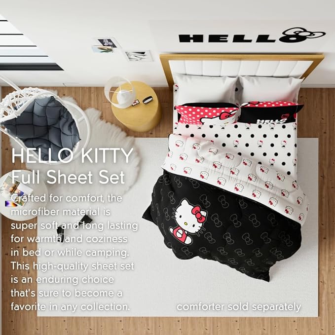 Franco Collectibles Hello Kitty Polka Dot Bedding Super Soft Microfiber 4 Piece Full Sheet Set, (Officially Licensed Product)