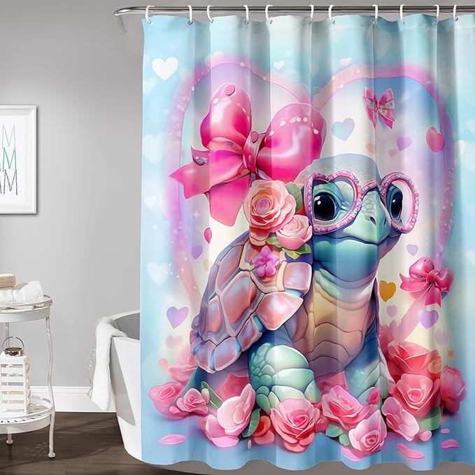 AILONEN Cute Sea Turtle Shower Curtain for Bathroom,Kawaii Turtle Pink Flower Print Bath Curtain 72" W*84" H,Girls Women Modern Decorative Waterproof Curtain with 12 Plastic Hooks