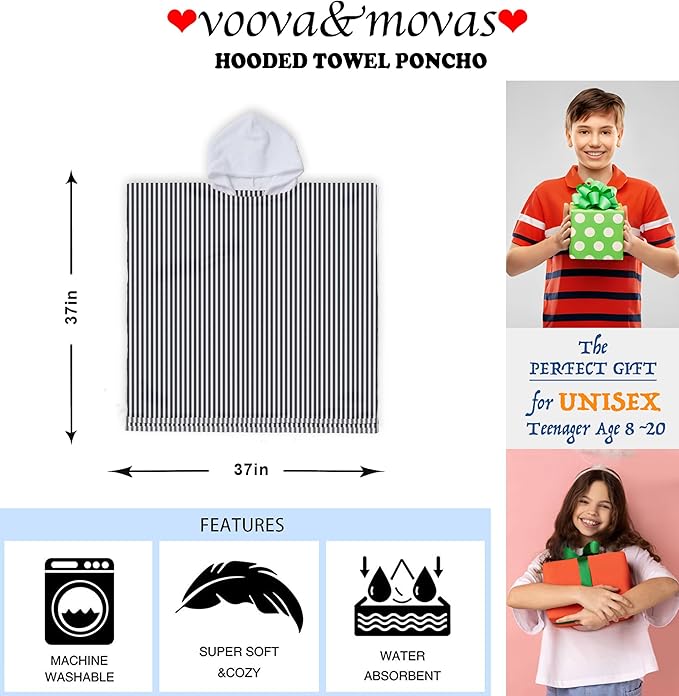 VOOVA & MOVAS Hooded Beach Towel for Big Kids | Large (8-16Years) Soft and Absorbent Cotton Poncho Towel Robe for Pool, Swim, and Bath Black White Stripe