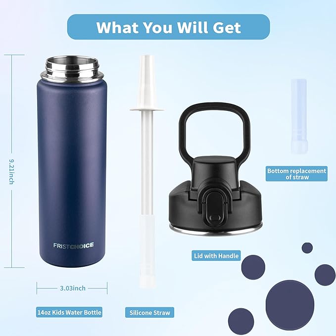 Insulated water bottle with Straw,24oz Stainless Steel Water Bottle for Adult Kids,Double Wall Vacuum Wide Mouth Insulated Water Bottle for Sports,BPA-free and Leak-proofοΌ24oz,Navy blueοΌ