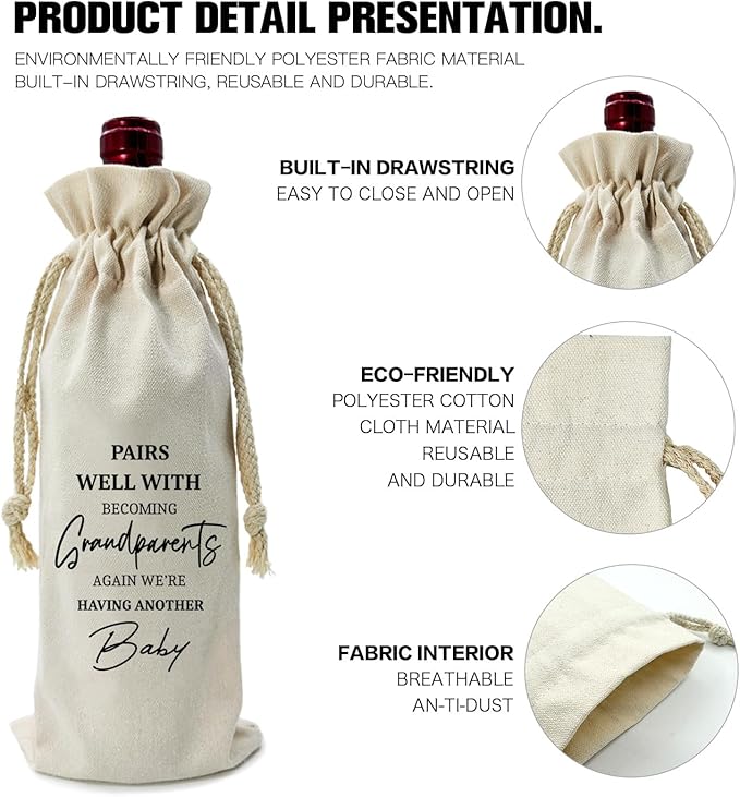 ZHANTUONE,Gift for Being Grandparents Again Ideas Wine Bag,Funny Pregnancy Announcement Wine Bag,Drawstring Polyester Cotton Cloth Wine Bag,Gifts for Grandparents,New Baby Gift,13IN