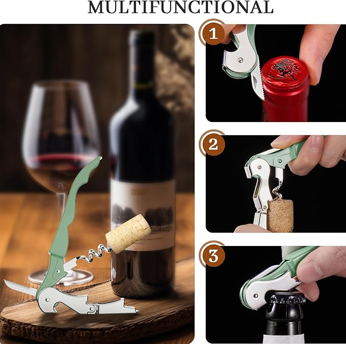 HYZ 2-Pack Wine Opener Waiter Corkscrew, Professional Wine Key for Servers, Bartender with Foil Cutter, Manual Wine Bottle Opener Double Hinged (Army Green)