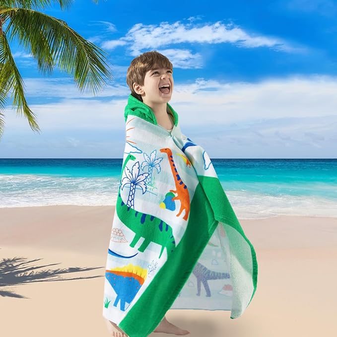 VOOVA & MOVAS Large Kids Hooded Towels | Soft Cotton (30X50 inches) Beach, Bath, Pool Towel with Hood | Summer Beach Stuff for Boys&GirlsAges 3-10 for Toddler,Jungle Dinosaur | Dino