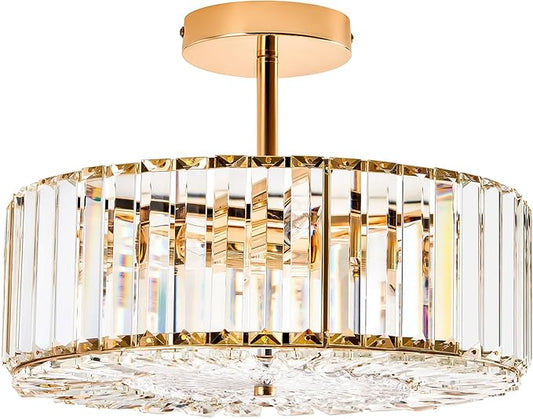 VONLUCE Crystal Light Fixture, Modern Semi Flush Mount Ceiling Light, 15" Round 4-Light Crystal Chandelier Hallway Lighting for Kitchen Bedroom Living Room Dining Room Entryway Closet, Gold