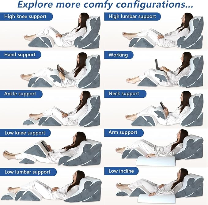 6PCS XL Orthopedic Bed Wedge Pillow for Sleeping, Gel Memory Foam Post Surgery Pillow Set for Back, Neck, Leg Support, Acid Reflux, Gerd, Anti Snoring, with Washable Cover & Travel Bag (White, 24'' W)