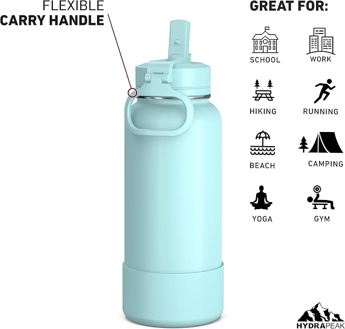 Hydrapeak 32oz Sport Insulated Water Bottle with Straw or Chug Lid, Leak & Spill Proof, Keeps Drinks Cold for 24 Hours, Hot for 12 Hours, Premium Stainless Steel Water Bottles (32oz, Aqua)