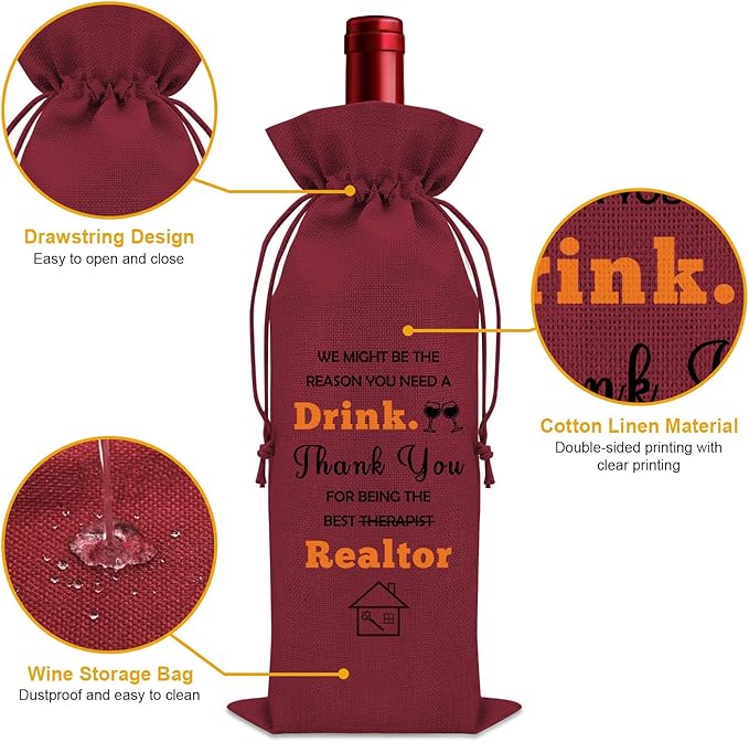 2PCS Realtor Gifts for Women Agent Wine Bag Thank You Gifts for Clients Real Estate Therapist Gifts for Men Wine Bottle Storage Bag Housewarming Gifts for Her Wine Accessories Gifts for Wine Lovers