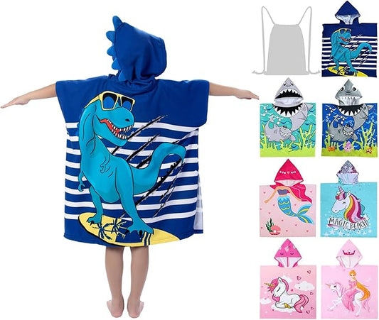 Hooded Kids Beach Towels - Toddler Bath Towel Girls Boys Swim Cover-ups for Ages 4 to 10 Kids Pool Towels Quick Dry Lightweight Soft Microfiber Poncho 30x30 with Bag (Navy Dinosaur)