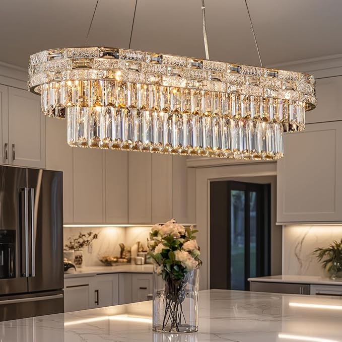 Gold Oval 12-Light Modern Crystal Chandelier for Dining Room Kitchen Island Bar, L34.3 Inch