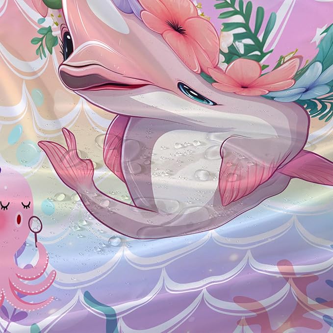 AILONEN Cute Dolphin Shower Curtain,Beautiful Sea World Theme Bath Curtain Cloth Fabric Bathroom 72" W*96" H Inch,12 Pack Hooks for Kids Child Cute Pink Dolphin Sea Animal Bathroom Curtain