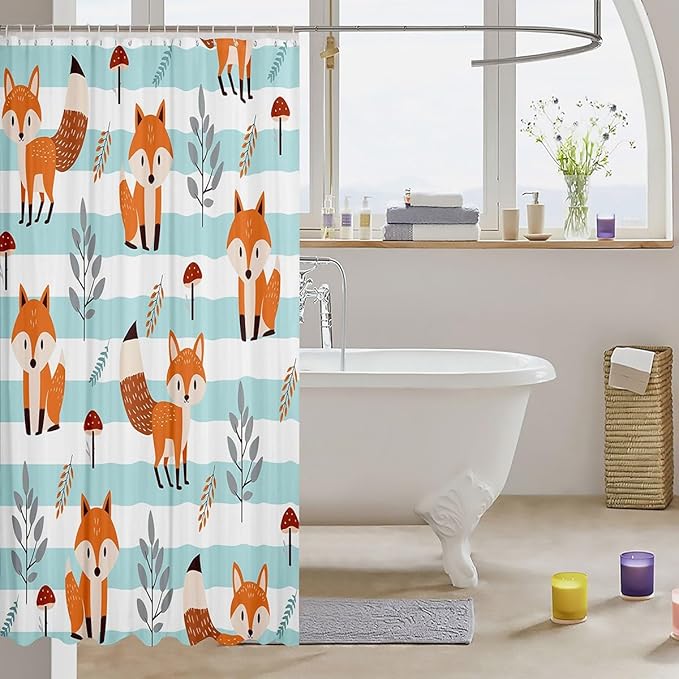 Feelyou Fox Bathroom Shower Curtain Set Cute Fox Bath Curtain Cartoon Fox Shower Curtain Fox Animal Kids Bathroom Accessories 72"x78"