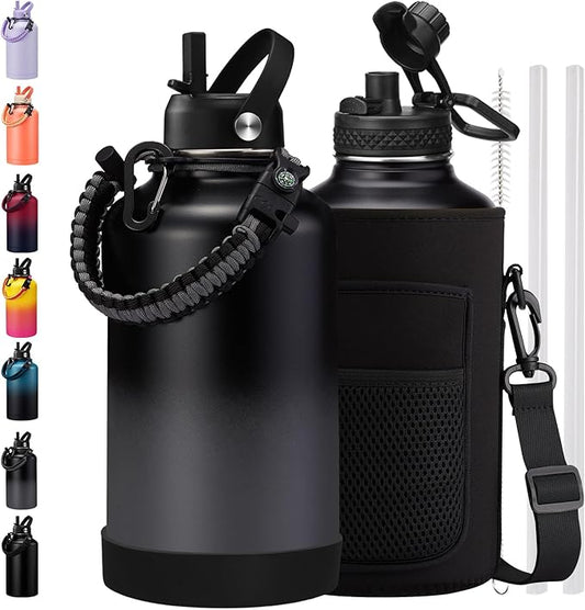 Half Gallon Water Bottle with Straw - Chug Lid, Paracord Handle, Silicone Boot, Keep Ice Cold-48H & Hot-24H, Vacuum Insulated Water Jug with Carrier Bag, 64 oz Metal Insulated Water Bottle for Man