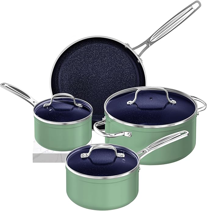 Nuwave 7pc Cookware Set Healthy Duralon Blue Ceramic Nonstick Coated, Diamond Infused Scratch-Resistant, PFAS Free, Oven Safe, Induction Ready & Evenly Heats, Tempered Glass Lids & Stay-Cool Handle