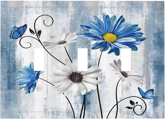 Rustic Teal Blue Daisy Floral Farmhouse 3 Gang Light Switch Covers Triple Toggle Wall Plate Decorative Switchplate Electrical Faceplate for Country Bathroom Bedroom Kitchen Decor