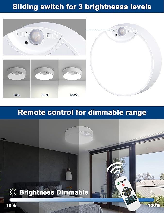Battery Operated Motion Sensor Ceiling Light Indoor, LED Fixture Wireless Wall Light with Remote Control Brightness Dimmable Timer Setting Daylight for Closet Garage Shed, 2 Pack
