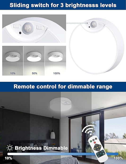 Motion Sensor Ceiling Light Battery Operated, Wireless LED Wall Lighting Fixture with Remote, Dimmable, Timer, Daylight for Closet, Bathroom, Shower, Garage, Pantry, Stairs