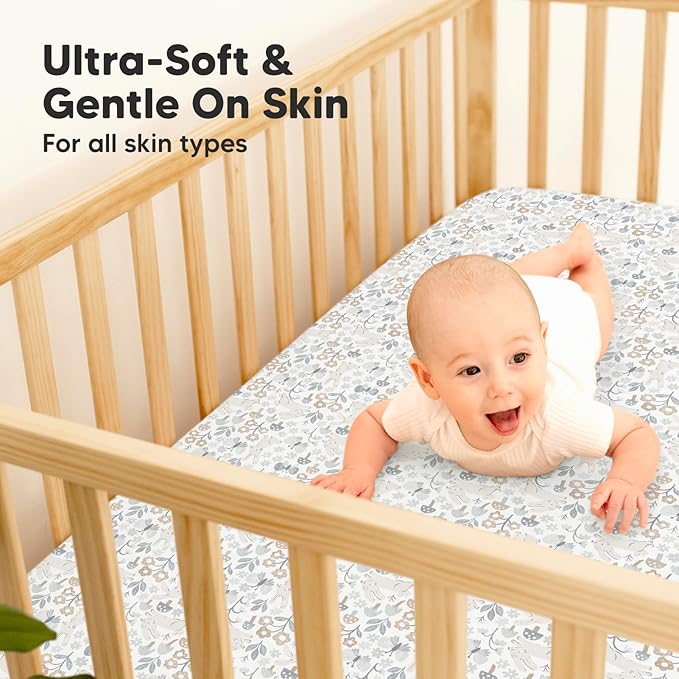 2-Pack Waterproof Crib Sheets for Boys, Girls - Viscose Derived from Bamboo Crib Sheets Neutral, Crib Mattress Protector Sheet, Soft Toddler Bed Sheets, Fitted Baby Crib Sheets Girl, Boy (Prairie)