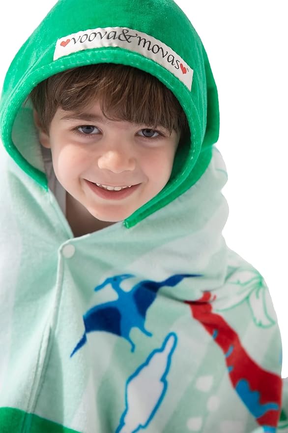 VOOVA & MOVAS Large Kids Hooded Towels | Soft Cotton (30X50 inches) Beach, Bath, Pool Towel with Hood | Summer Beach Stuff for Boys&GirlsAges 3-10 for Toddler,Jungle Dinosaur | Dino