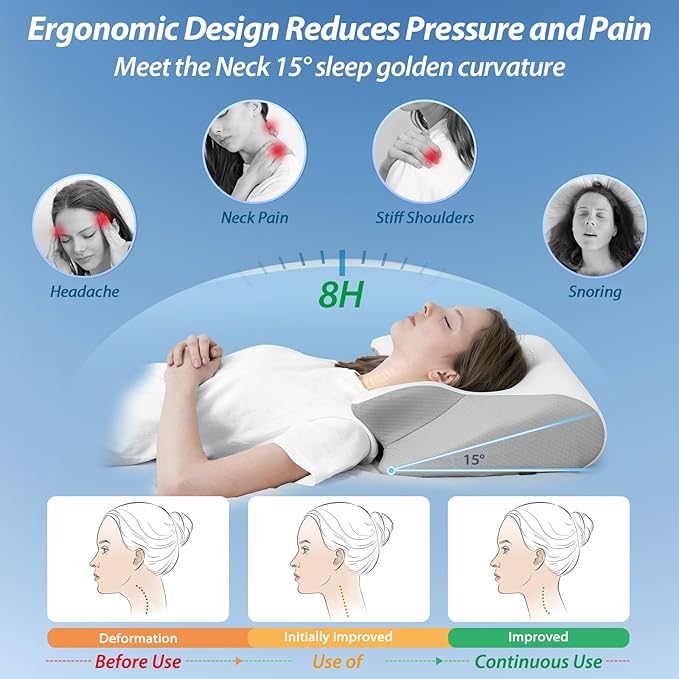 Cervical Neck Pillow for Neck Pain Relief, 2 in 1 Ergonomic Pillow for Sleeping, Memory Foam Orthopedic Bed Pillows for Side, Back & Stomach Sleepers with Cooling Pillowcase