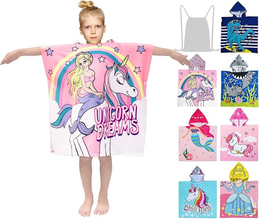 Hooded Kids Beach Towels - Toddler Bath Towel Girls Boys Swim Cover-ups for Ages 4 to 10 Kids Pool Towels Quick Dry Lightweight Soft Microfiber Poncho 30x30 with Bag (Mermaid Unicorn)